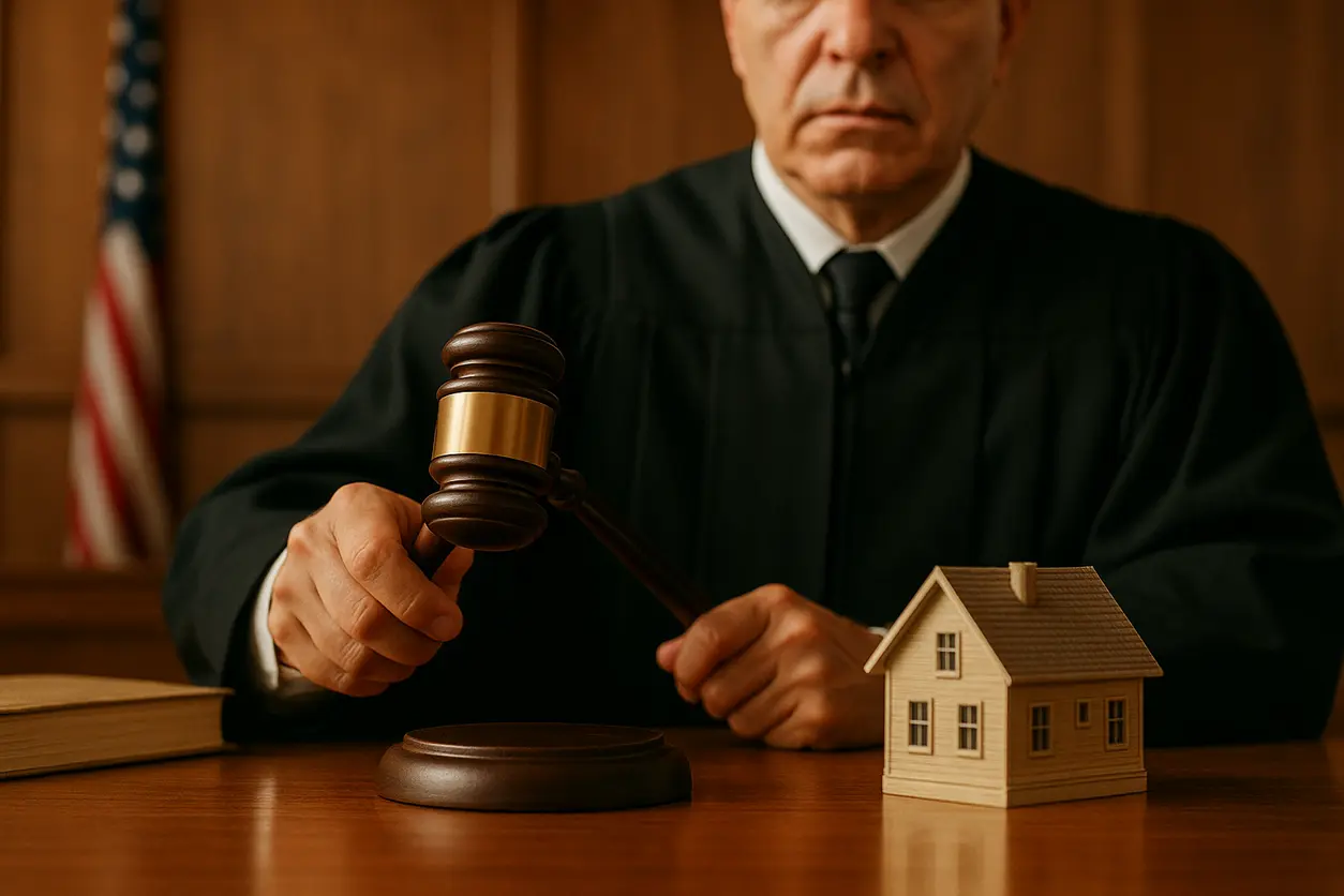 Office desk with legal books, justice scales and property documents