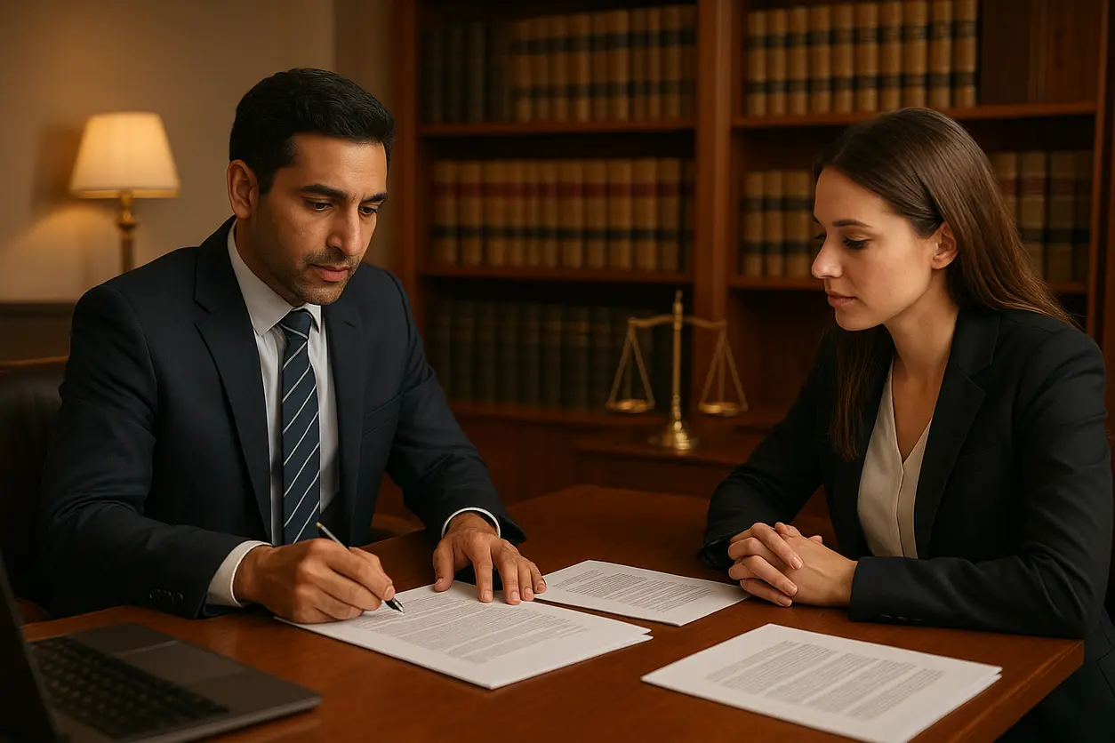 Office desk with legal documents, scales of justice and law books symbolizing administrative court law practice