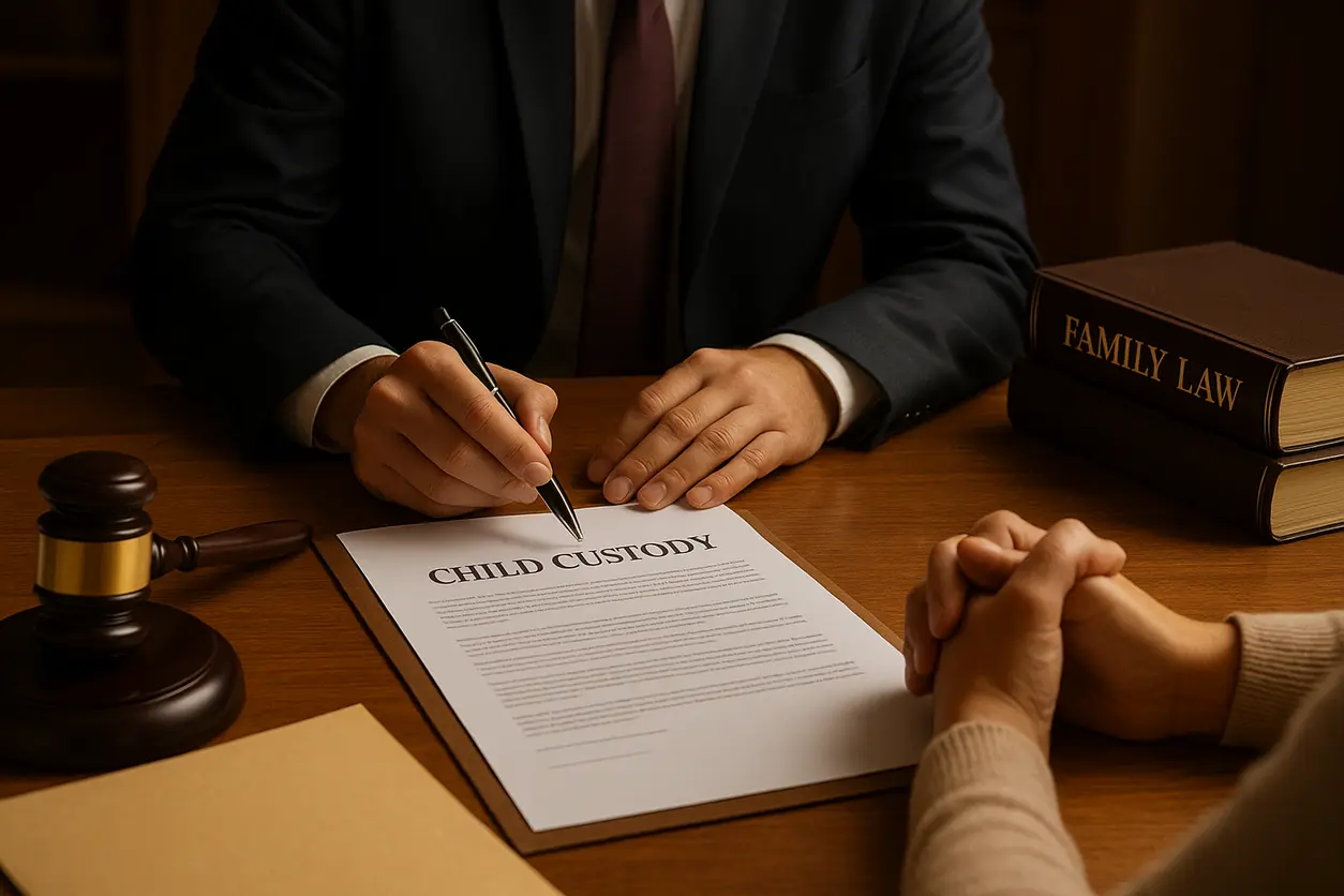 Office of a lawyer with legal books and scales of justice for family court consultation