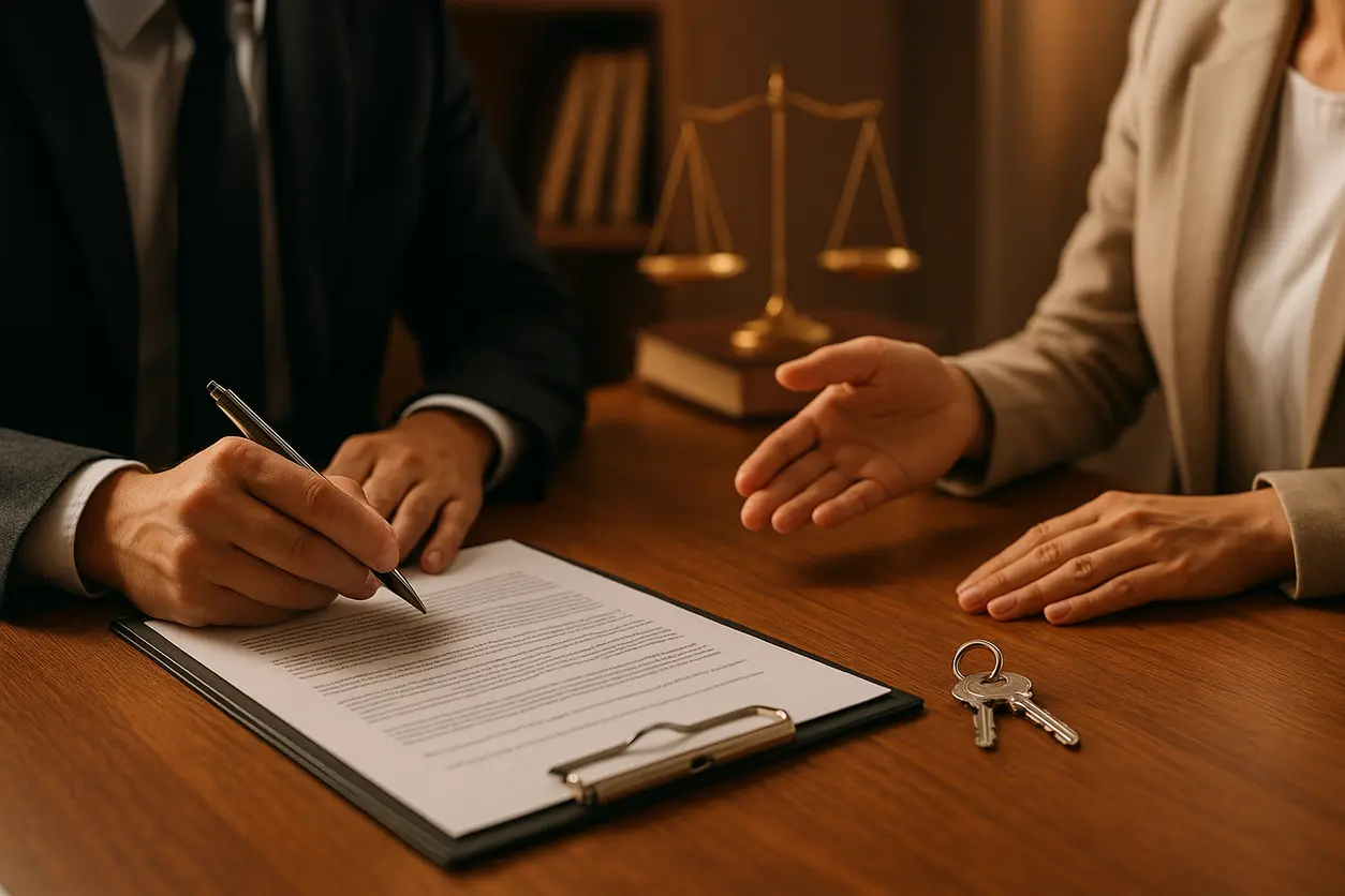 دفتر وکیل با کتابهای حقوقی و ترازوی عدالت