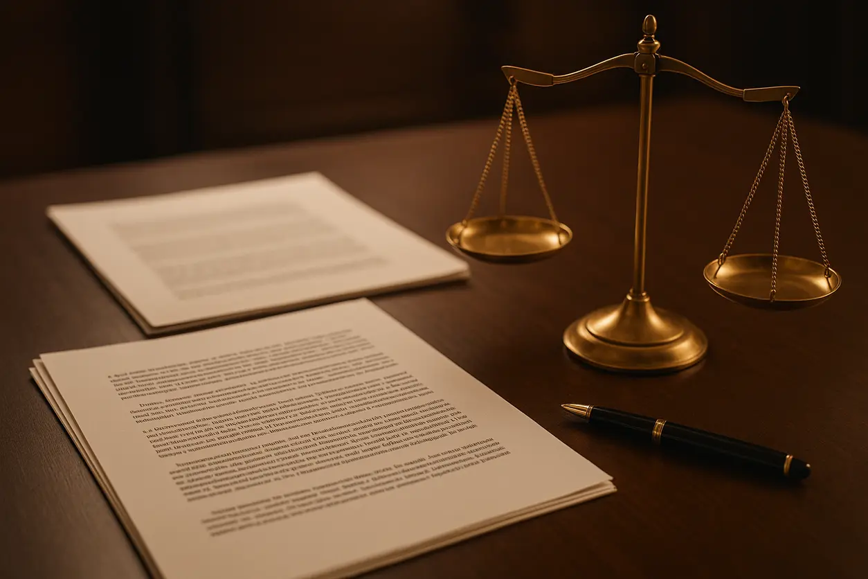 office desk with legal books and scales of justice representing legal consultation about compensation