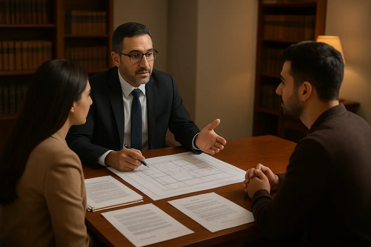 Office workspace showing legal books, scales of justice and legal documents related to real estate