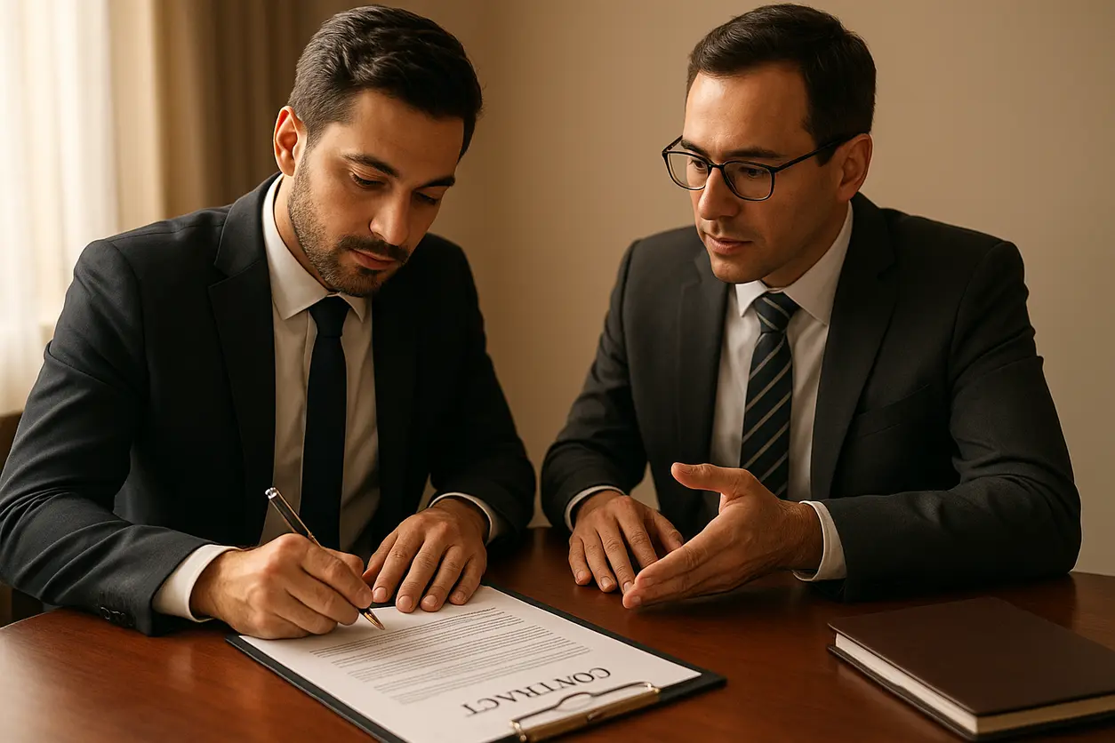 Office of a commercial litigation lawyer with legal books and scales of justice
