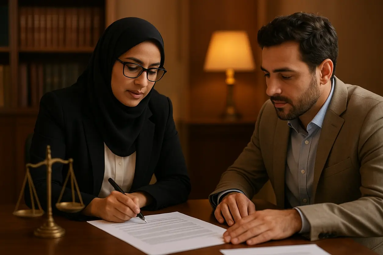 دفتر وکیل با کتاب‌های حقوقی و ترازوی عدالت روی میز چوبی