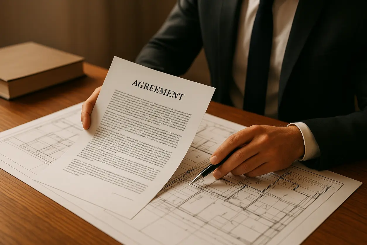 Construction partnership agreement document placed on wooden office desk with legal folders