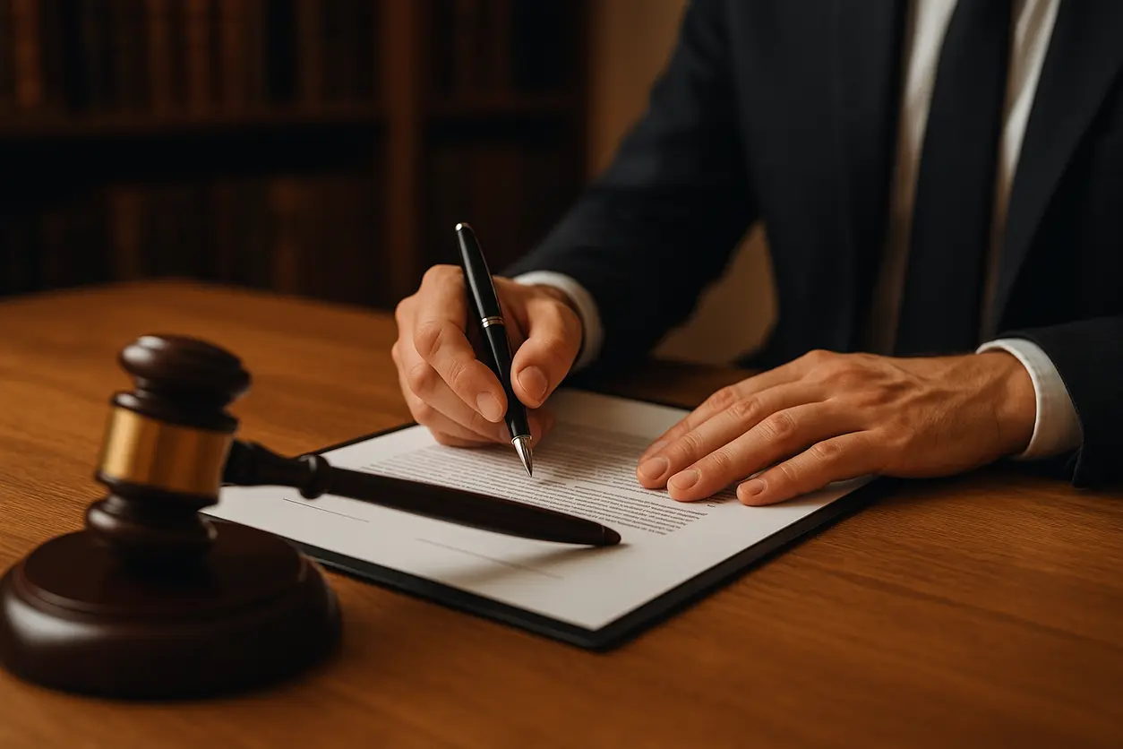 Office of a legal lawyer with justice scales and law books on wooden desk