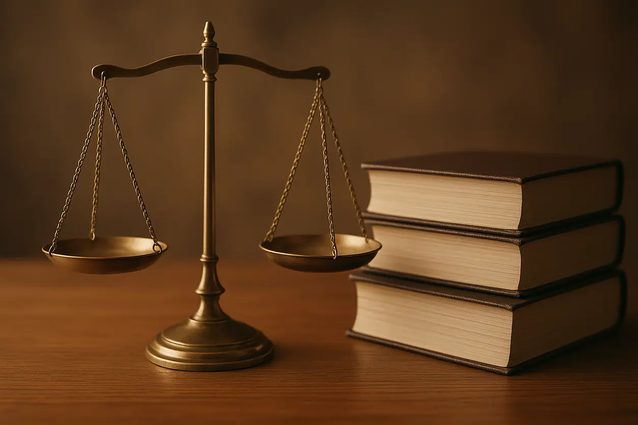 Desk in a legal office with law books, justice scale, and legal documents, symbolizing divorce lawyer services