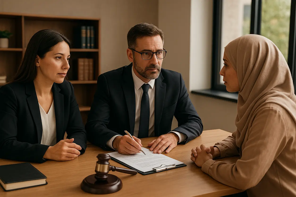 دفتر وکالت با میز چوبی، پرونده‌های حقوقی و ترازوی عدالت