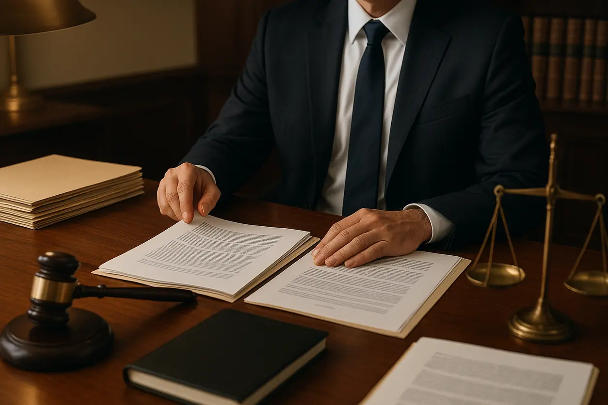 دفتر کار وکیل با میز چوبی، پرونده‌های حقوقی و ترازوی عدالت