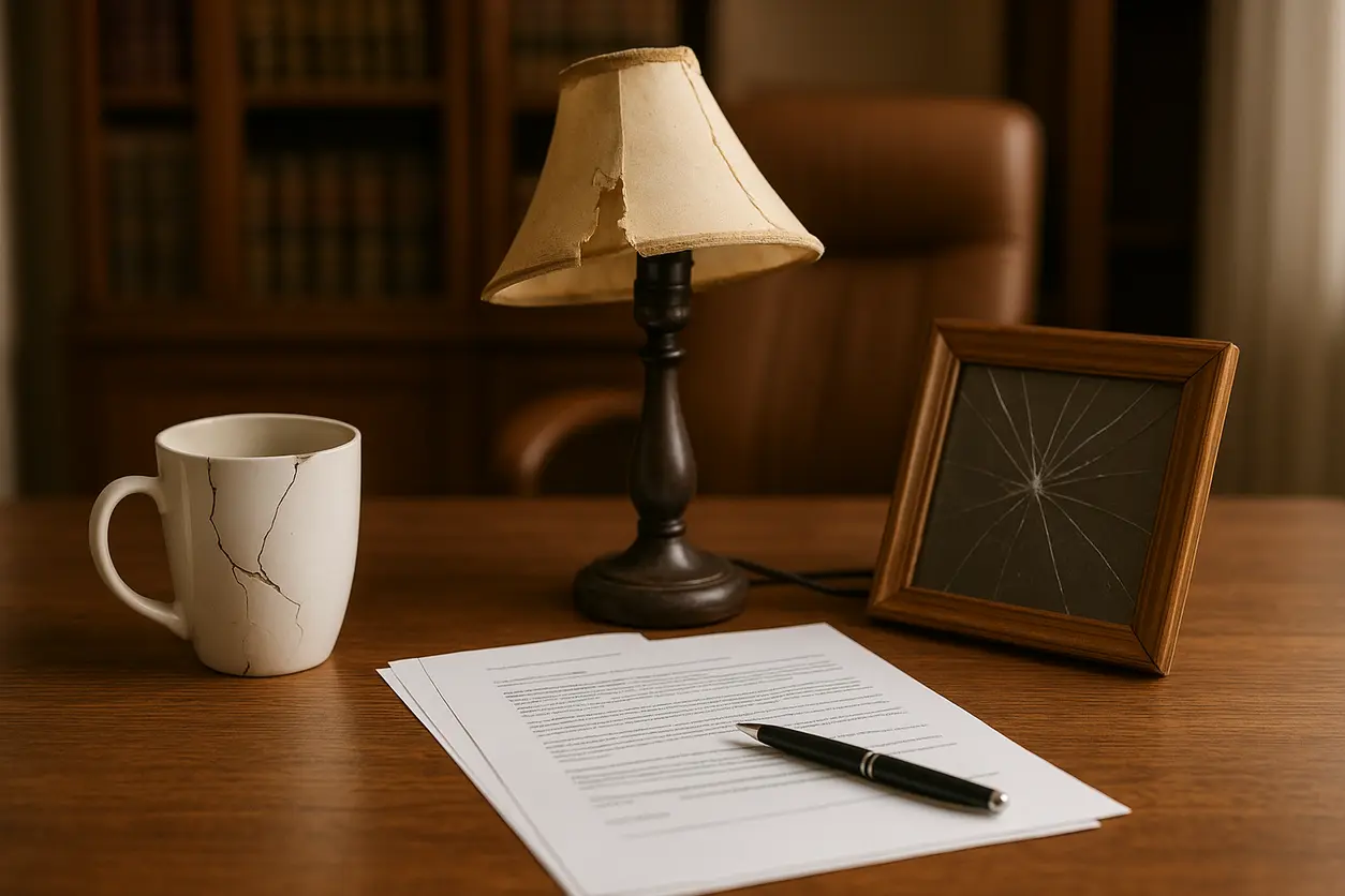 Office desk with legal documents related to dowry return case, scales of justice, and legal books