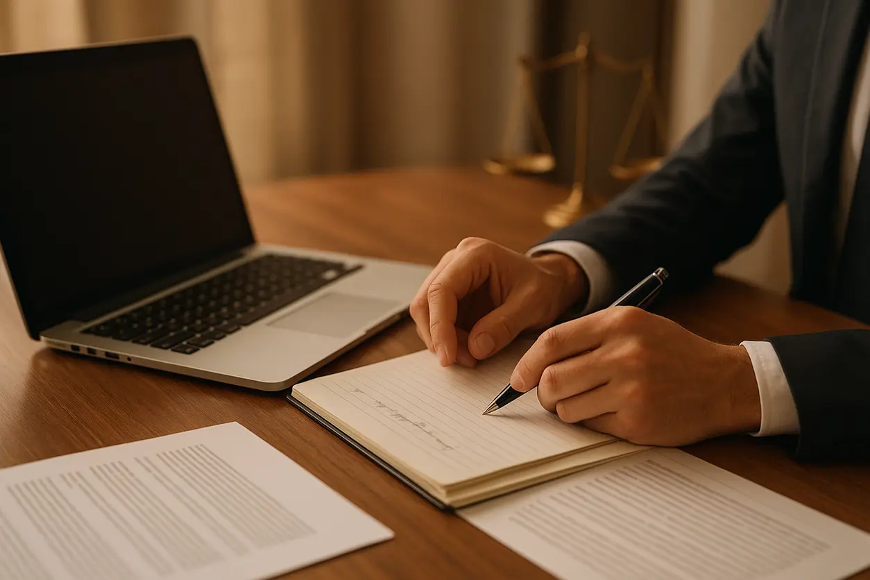 Office desk with legal files and justice scale symbolizing law services
