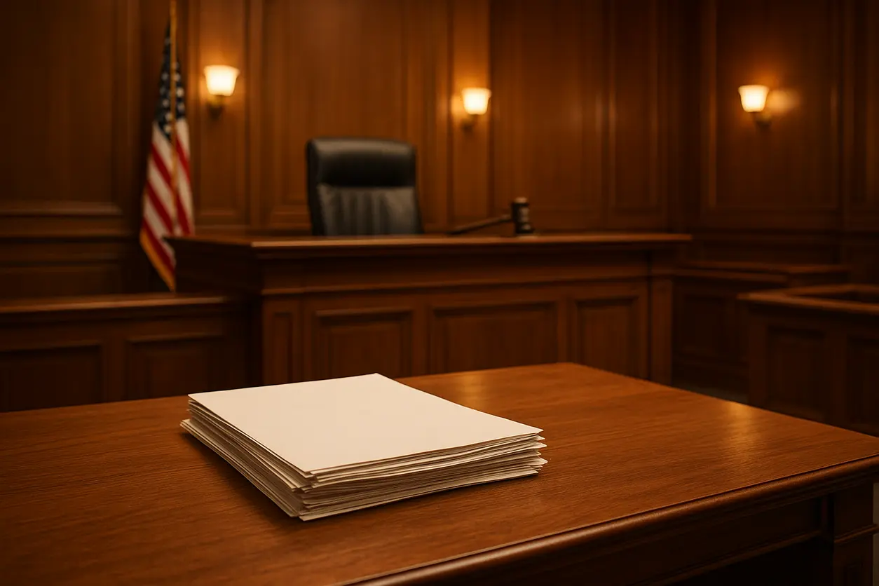 An office desk with legal books, justice scales, and legal documents representing assault and battery cases