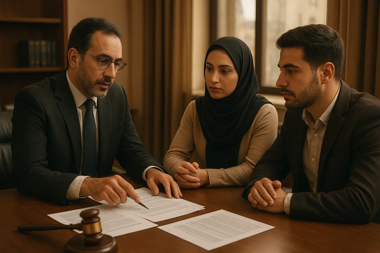 دفتر وکیل با کتاب‌های حقوقی و ترازوی عدالت روی میز چوبی