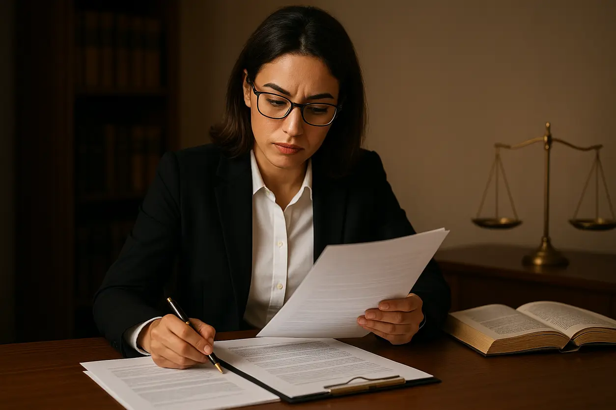 Office desk with law books and scales representing administrative justice court