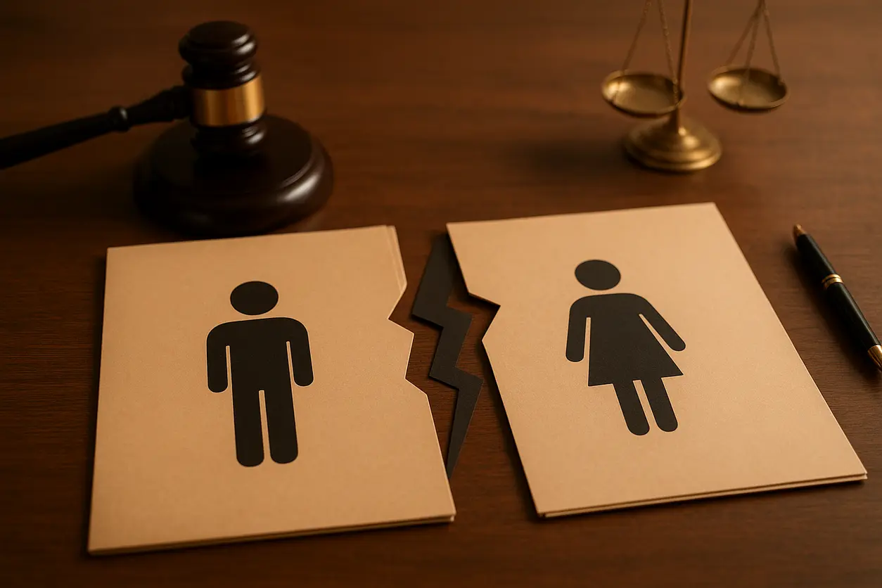 Desk with legal books, justice scale and documents in a law office setting