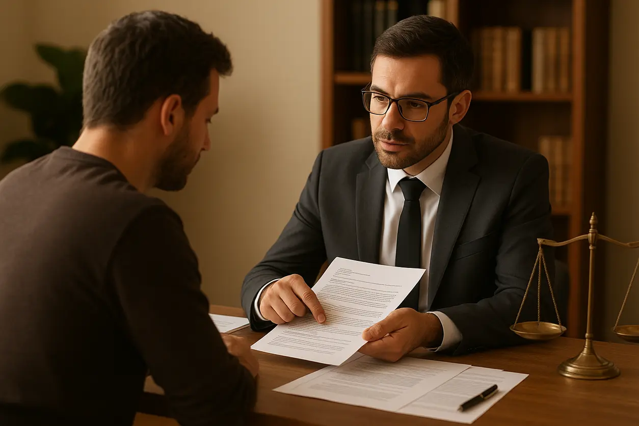 Legal office with wooden desk, law books, scale of justice, and commercial lease contract papers