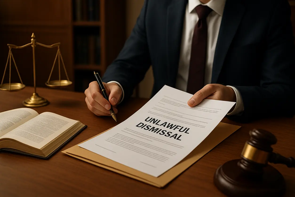 Legal office setting with law books and scales related to labor law