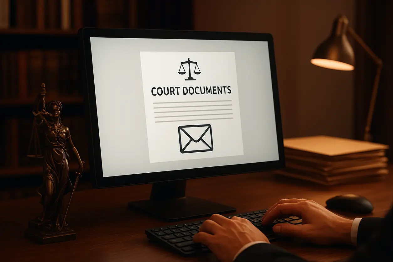 Office setup with legal books and scales of justice on wooden desk