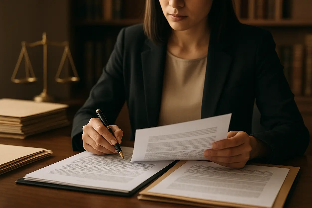 An office of a senior female lawyer with legal books, scales of justice, and legal documents neatly arranged on a wooden desk