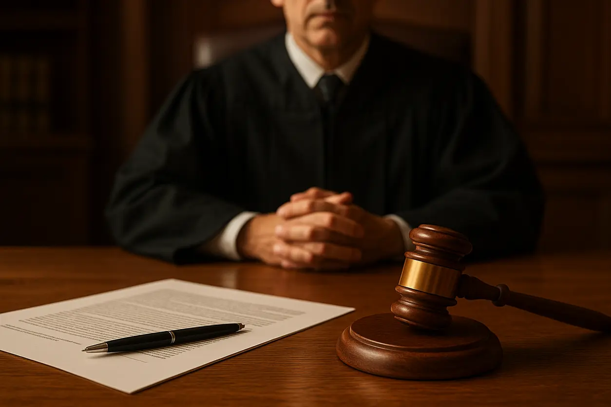 Legal documents, justice scales, and wooden desk representing financial debtor travel ban in legal office
