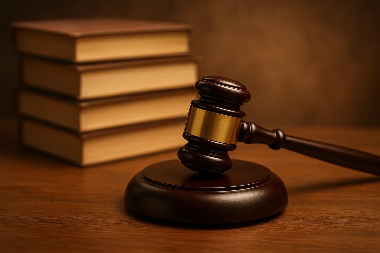 Legal documents, scales of justice, and gavel on wooden desk symbolizing document forgery and legal investigation