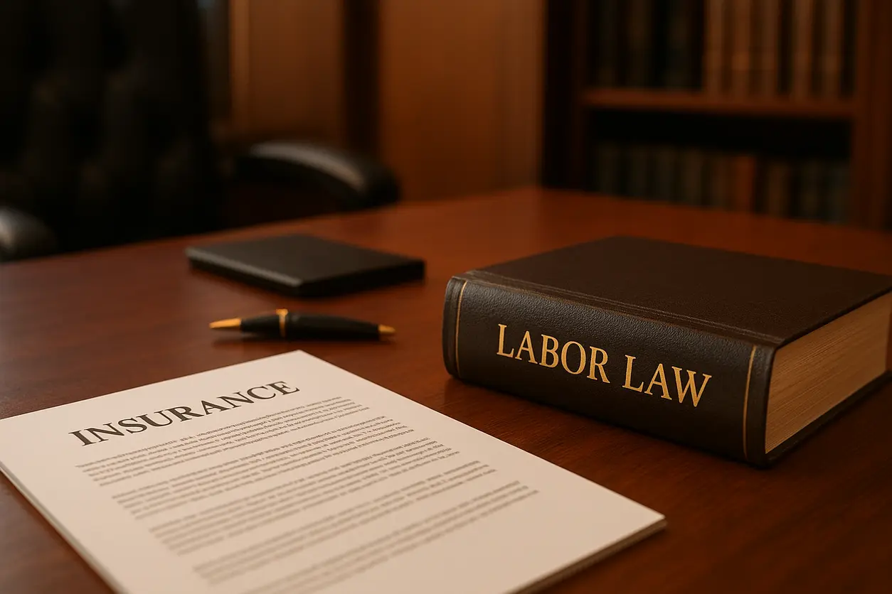 Office environment of a labor lawyer with legal books and labor law documents on desk