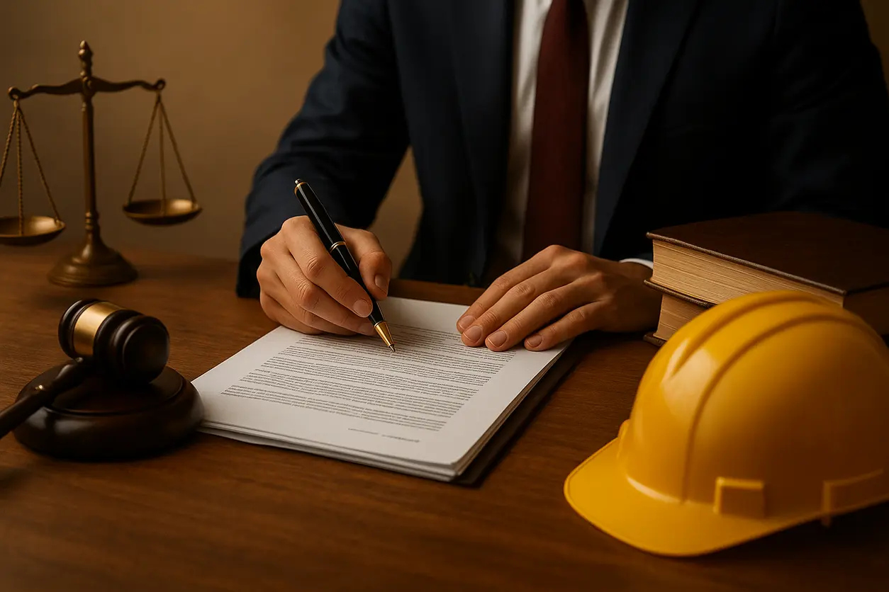 Office space of a labor lawyer with legal books and scales of justice on wooden desk