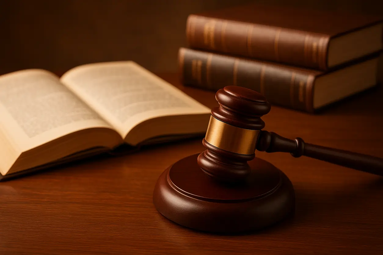 Justice scales on a wooden desk with legal case files in a law office
