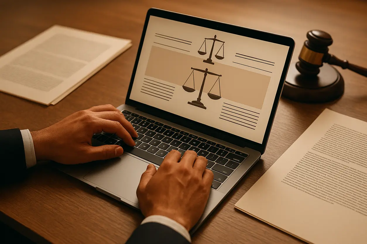 Office desk with legal documents, a balance scale, and pen representing legal services
