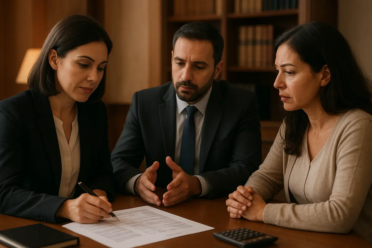 دفتر کار وکیل با میز چوبی، پروندههای حقوقی و ترازو عدالت