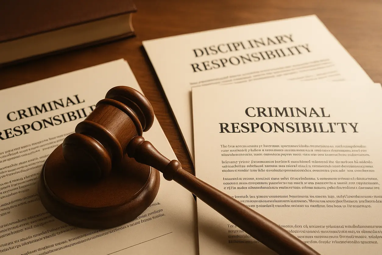 Office of legal expert with judiciary reports and documents on wooden desk showing scales of justice