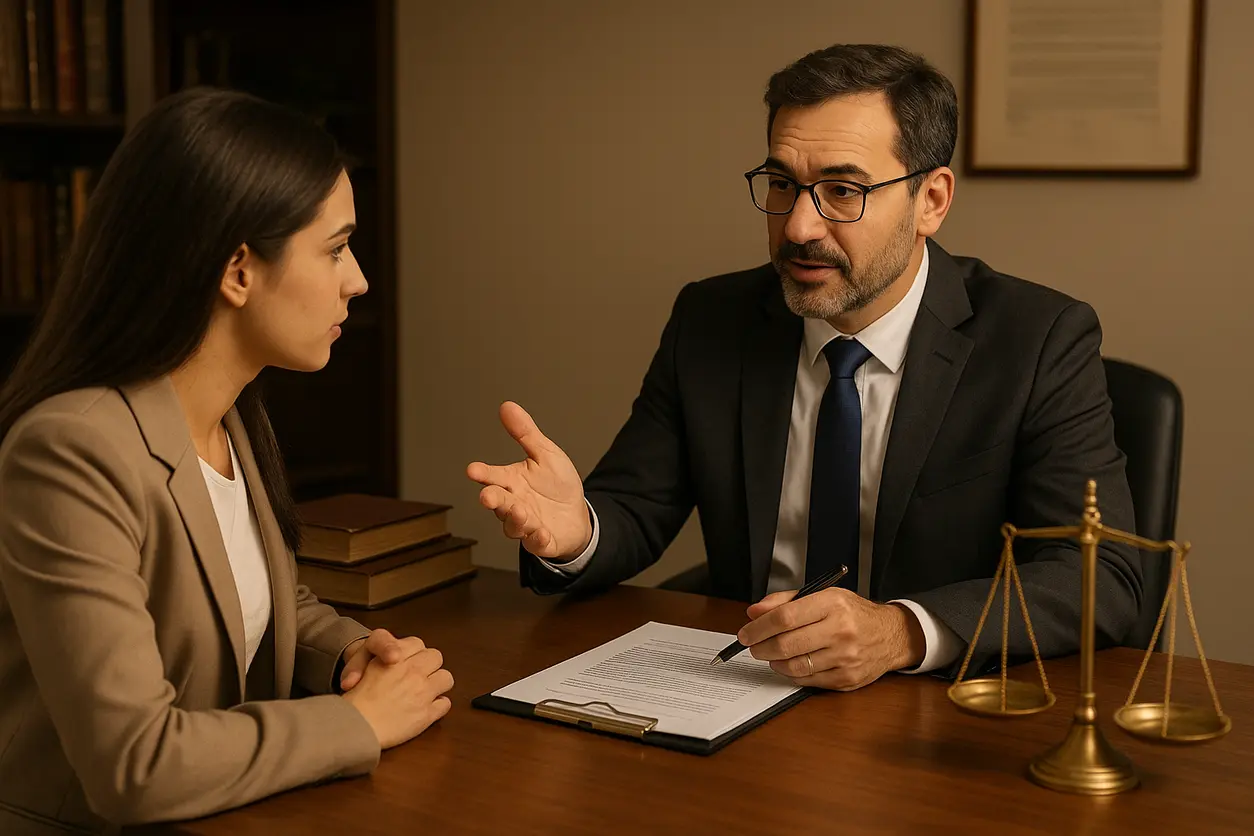 Office desk with law books and scales representing administrative justice court