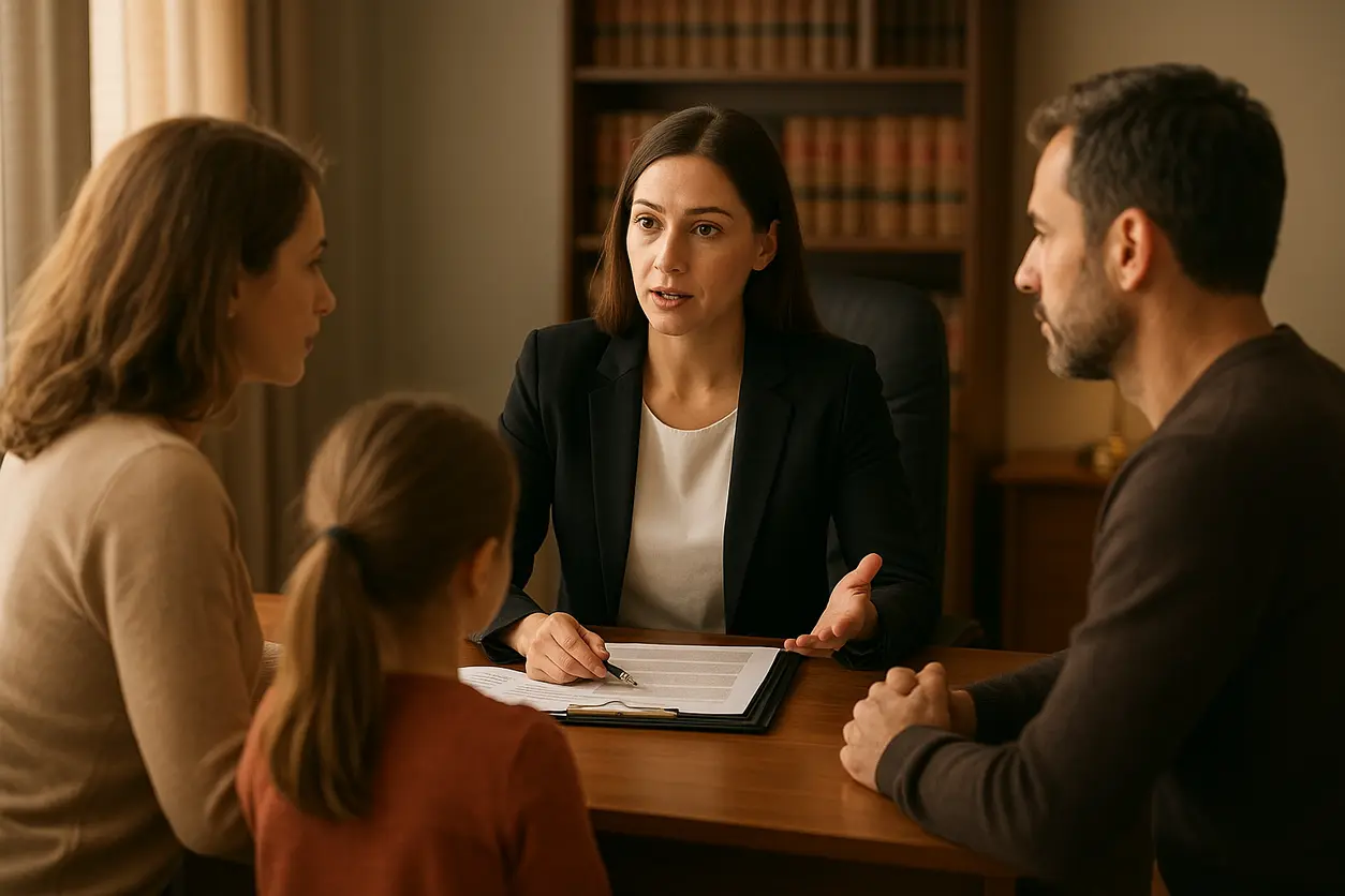 Office of a legal lawyer with justice scales and law books on wooden desk