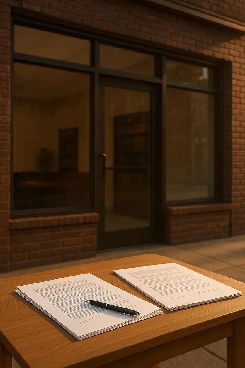 Legal office with wooden desk, law books, scale of justice, and commercial lease contract papers