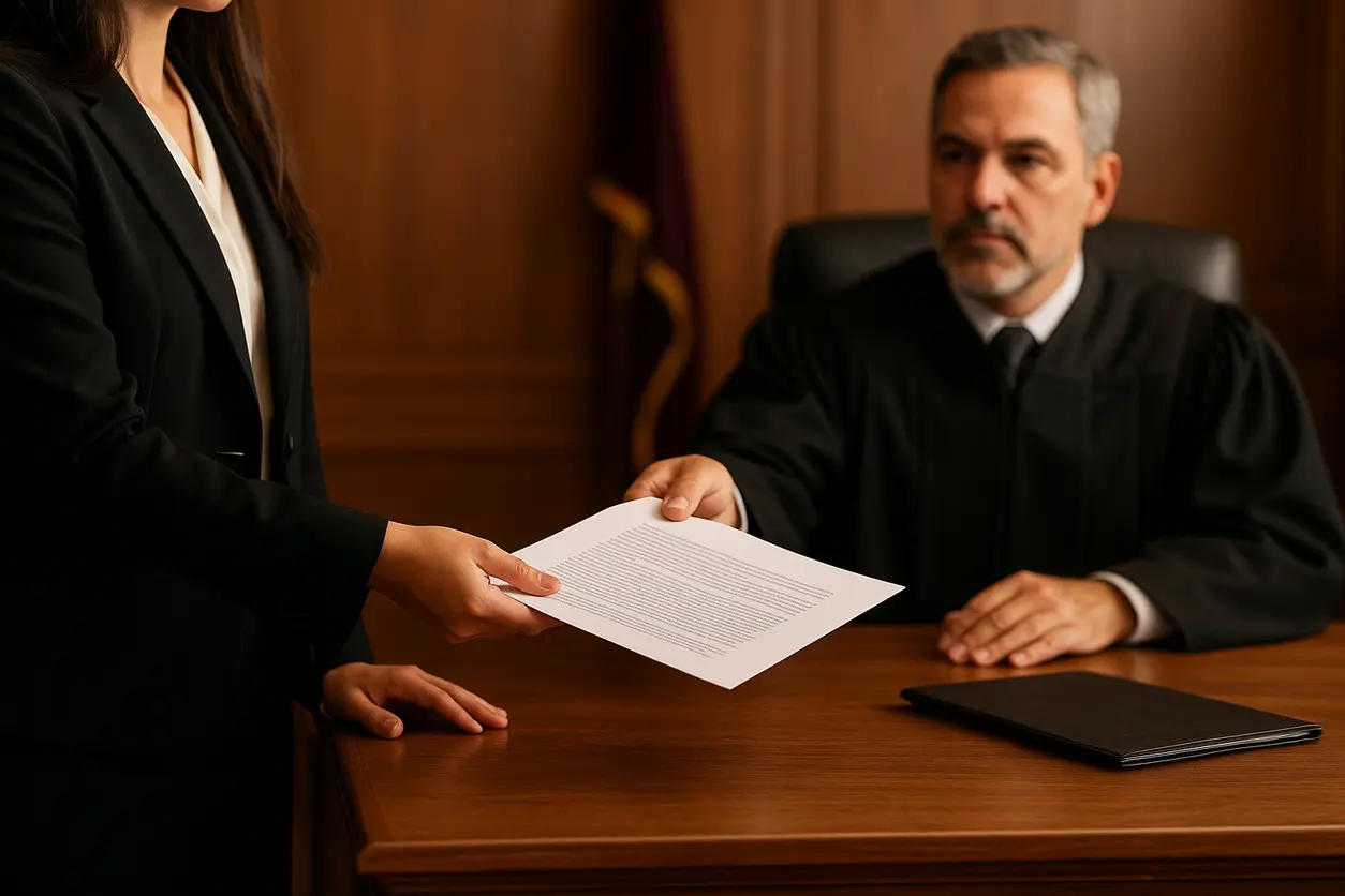 Office desk with legal documents and justice scale representing legal services