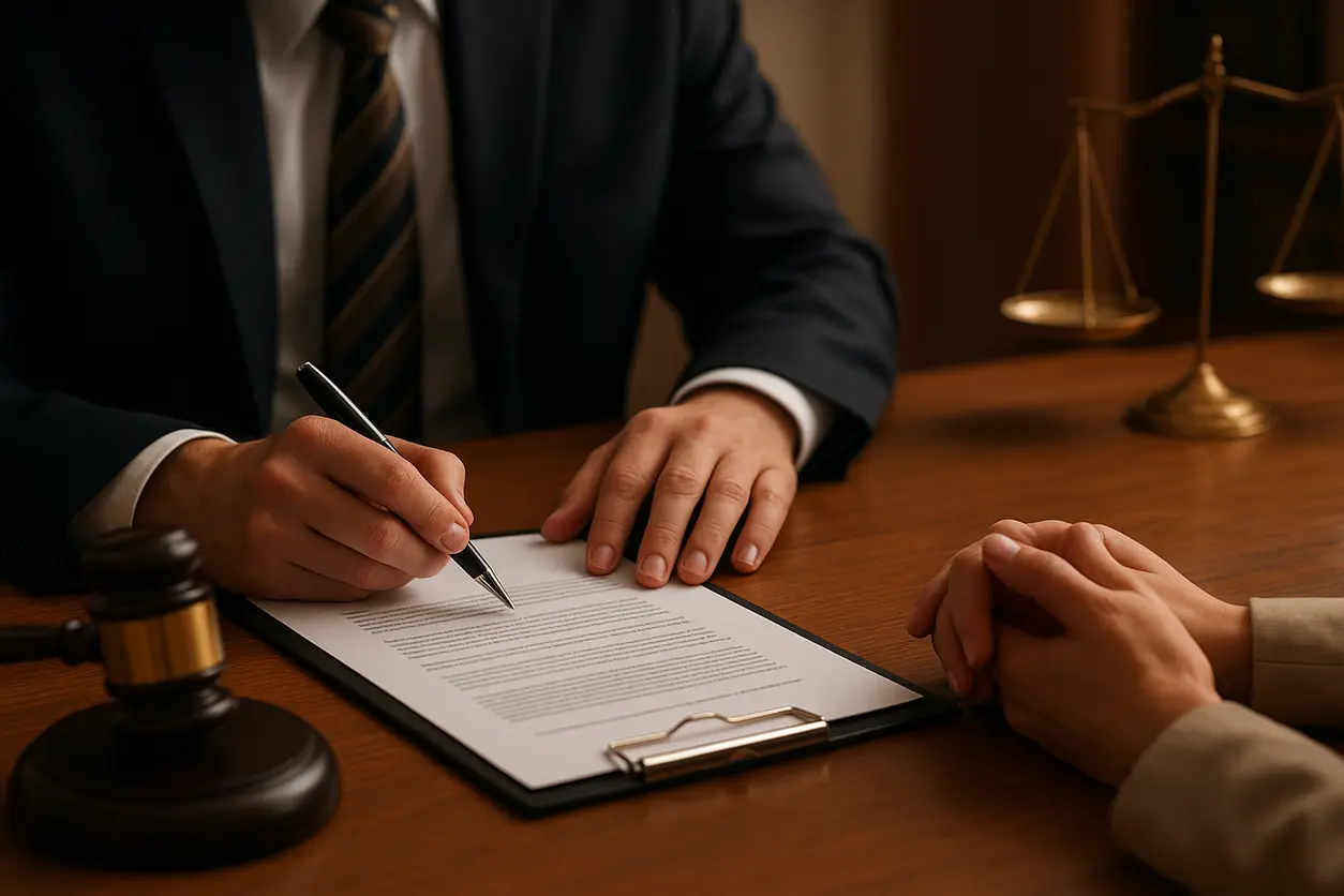 Desk in a legal office with law books, justice scale, and legal documents, symbolizing divorce lawyer services