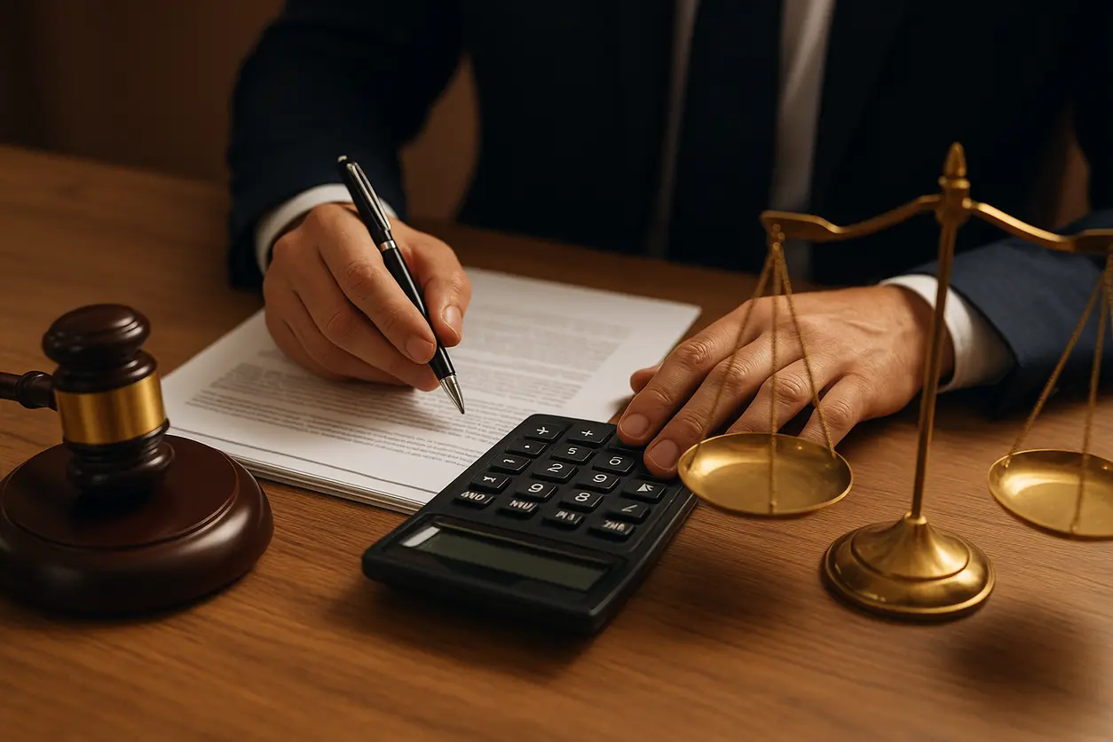 دفتر کار وکیل با کتاب‌های حقوقی، ترازو عدالت و پرونده‌های حقوقی روی میز چوبی