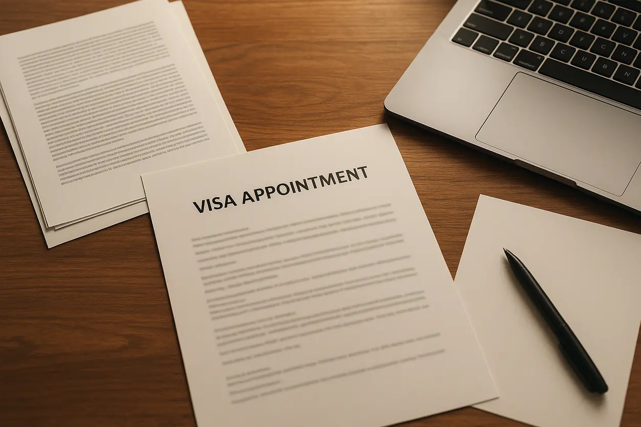 Desk with legal documents, passport and computer showing visa appointment scheduling