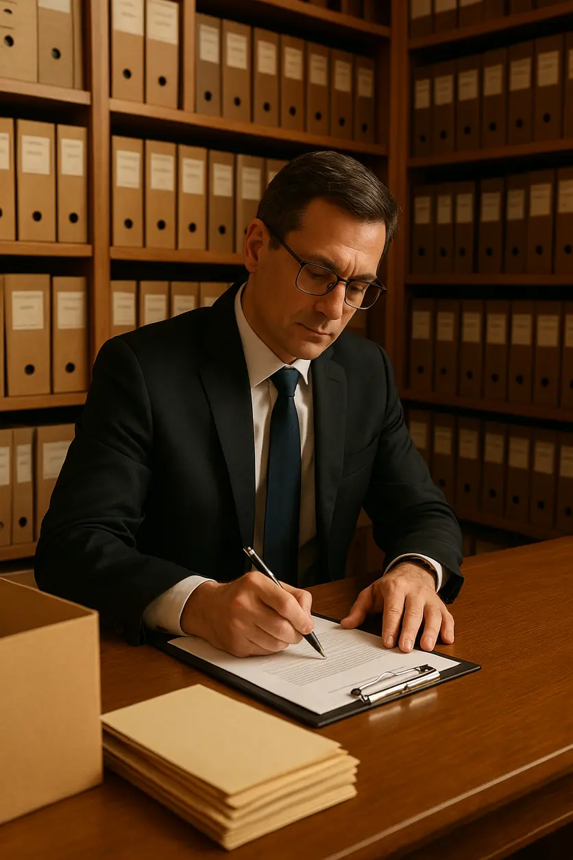 Office of legal expert with judiciary reports and documents on wooden desk showing scales of justice
