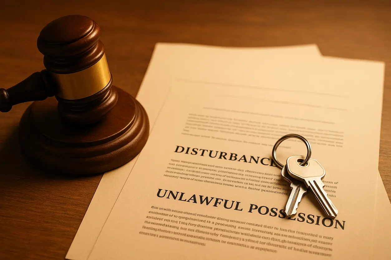 Office setting with law books, property documents and legal scales symbolizing property disturbance case
